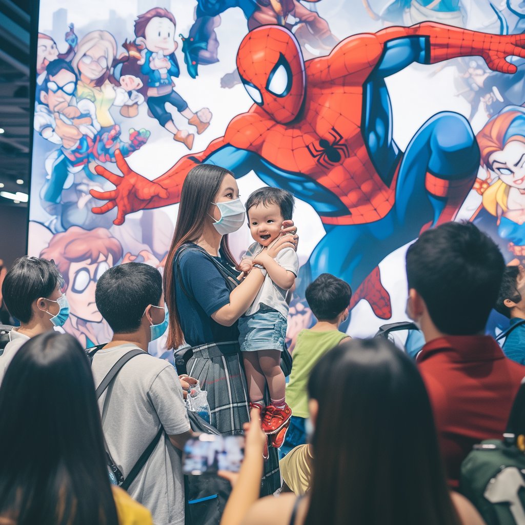 Superheroes chibi public relations event, autograph signing, photo ops, merchandise stand, crowd of fans in costumes --niji 6