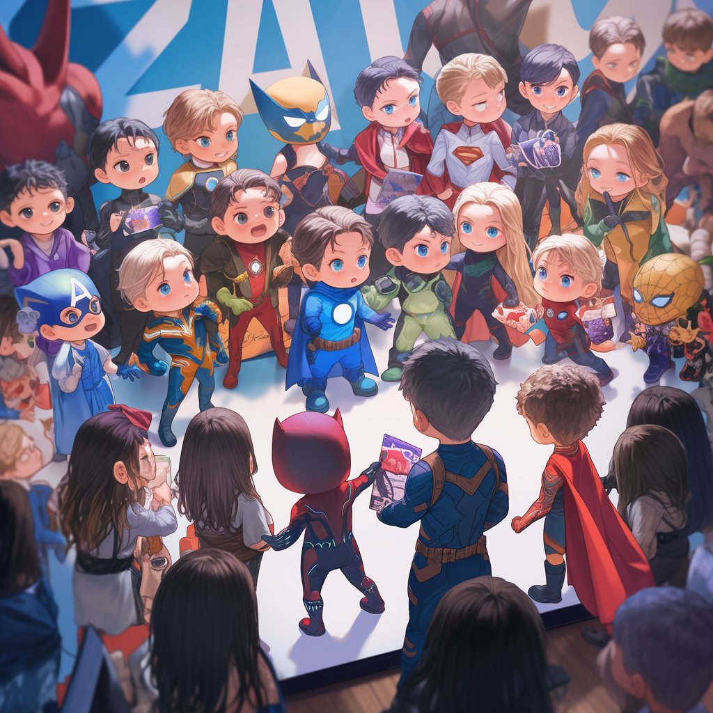 Superheroes chibi public relations event, autograph signing, photo ops, merchandise stand, crowd of fans in costumes --niji 6