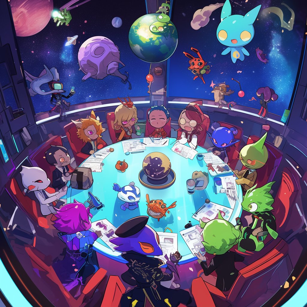 Chibi original characters as intergalactic diplomats, diverse alien designs, peace treaty signing, cultural misunderstandings, space station backdrop --niji 6
